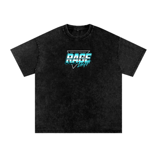 Black t-shirt with 'RAGE' logo on a white background