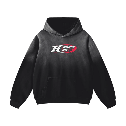 Black hoodie with a logo on the chest against a white background