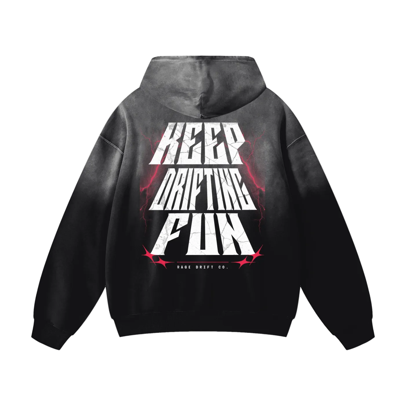 Black hoodie with white and red text on the back against a white background