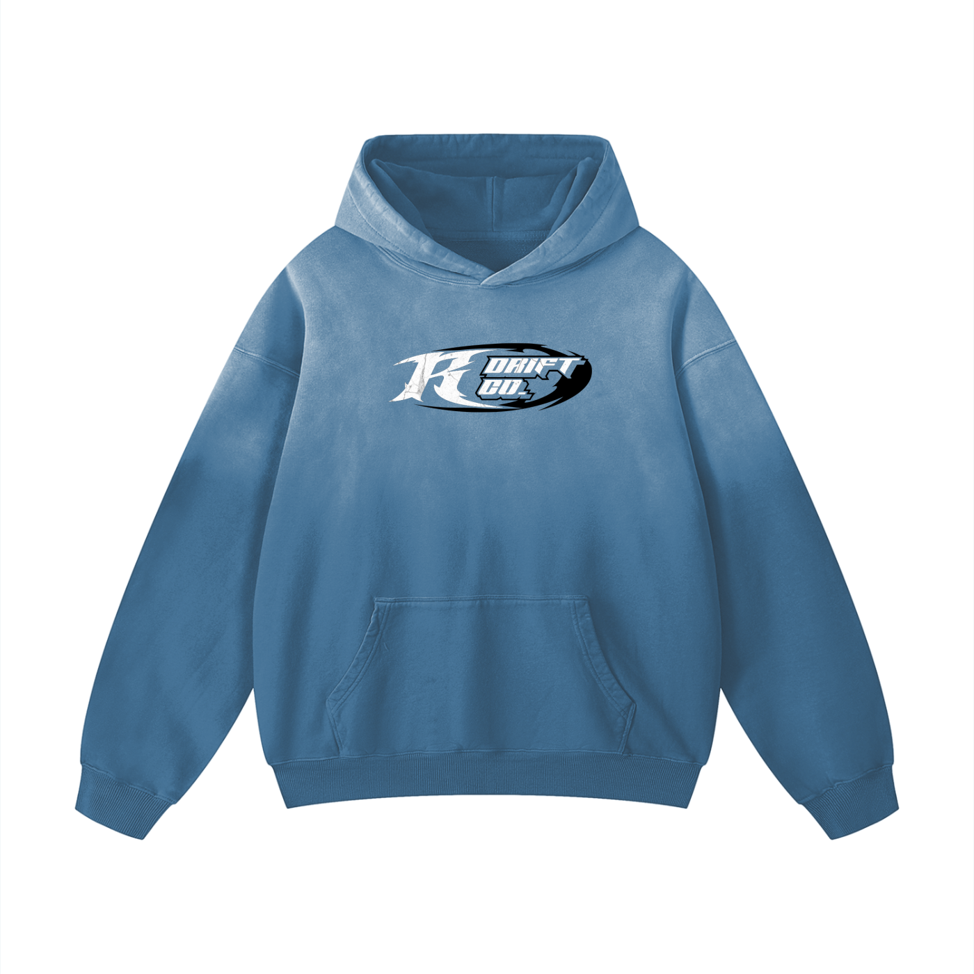 Blue hoodie with a KDF logo on the chest against a white background