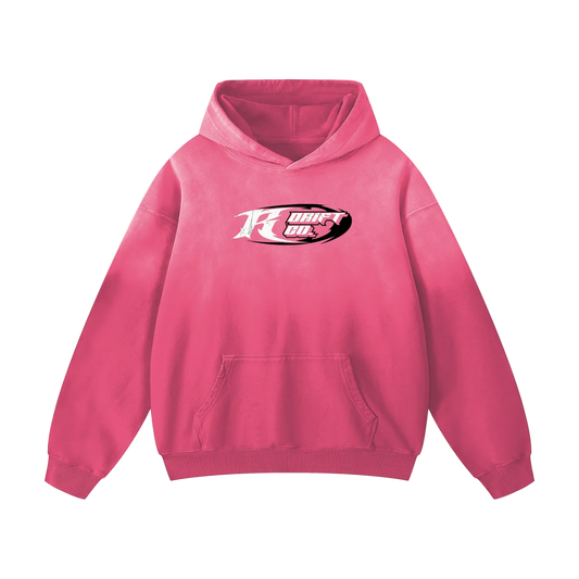 Pink hoodie with a logo on a white background