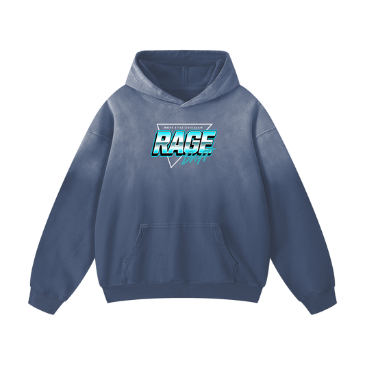 Blue hoodie with 'RAGE' logo on a white background