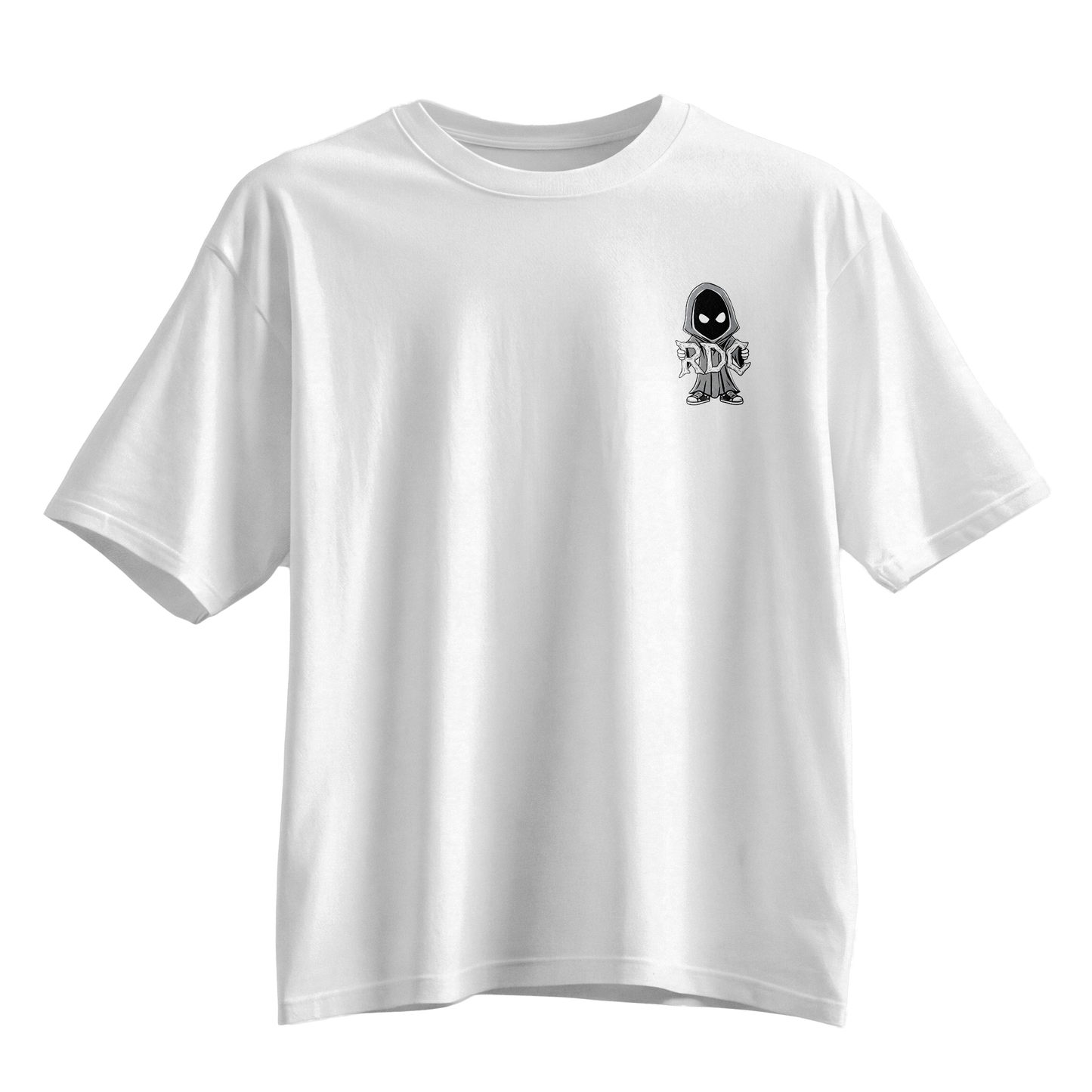A white short-sleeve crewneck t-shirt featuring a small black and white cartoon alien graphic on the left chest, displayed against a solid white background.
