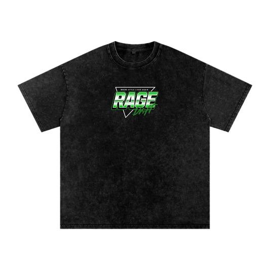 Black t-shirt with 'RAGE' logo on a white background