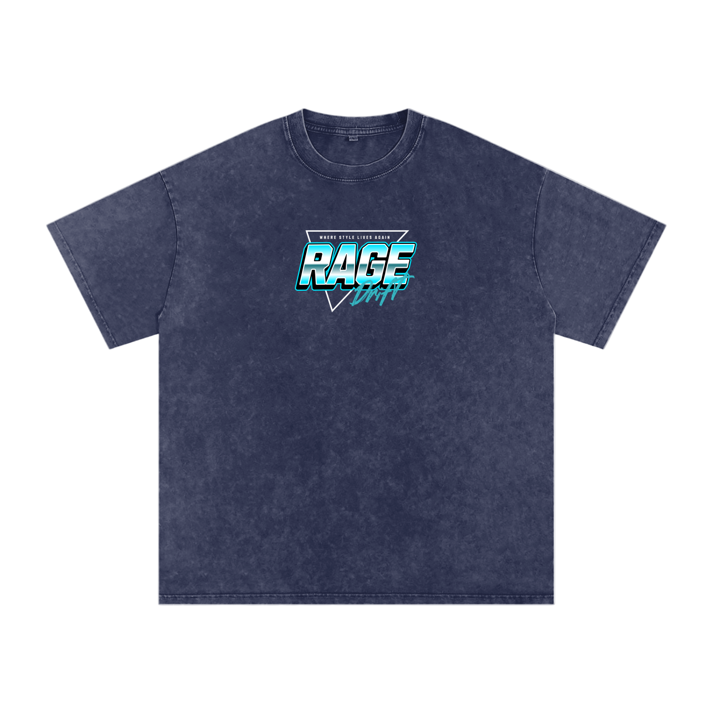 Navy blue t-shirt with 'RAGE' logo on a white background