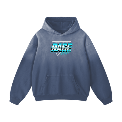 Blue hoodie with 'RAGE' logo on a white background