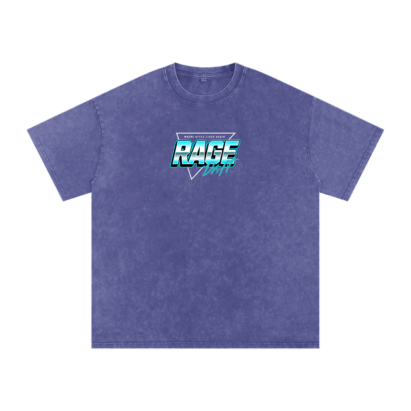 Blue t-shirt with 'RAGE' graphic on a white background