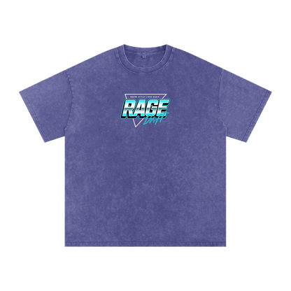 Blue t-shirt with 'RAGE' graphic on a white background
