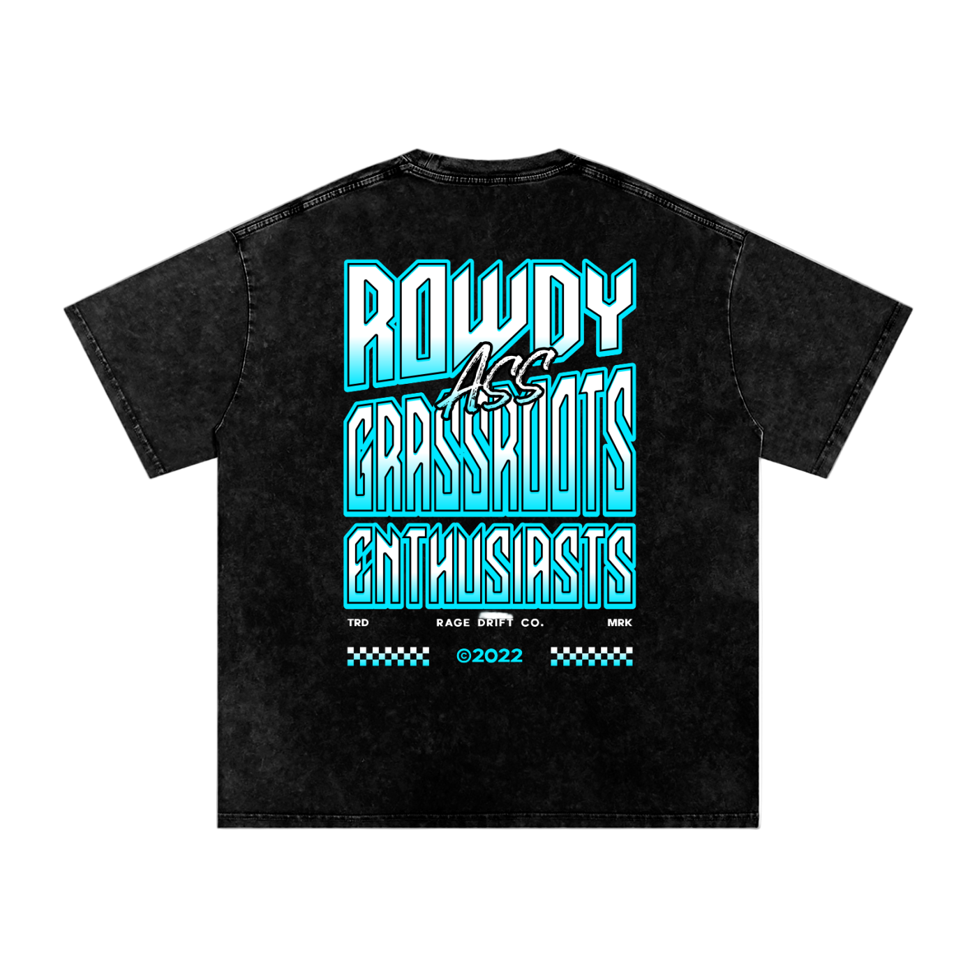 Black t-shirt with blue and white text on a white background