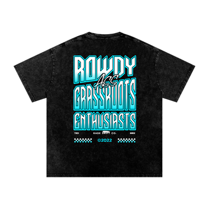 Black t-shirt with blue and white text on a white background