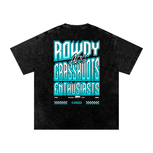 Black t-shirt with blue and white text on a white background