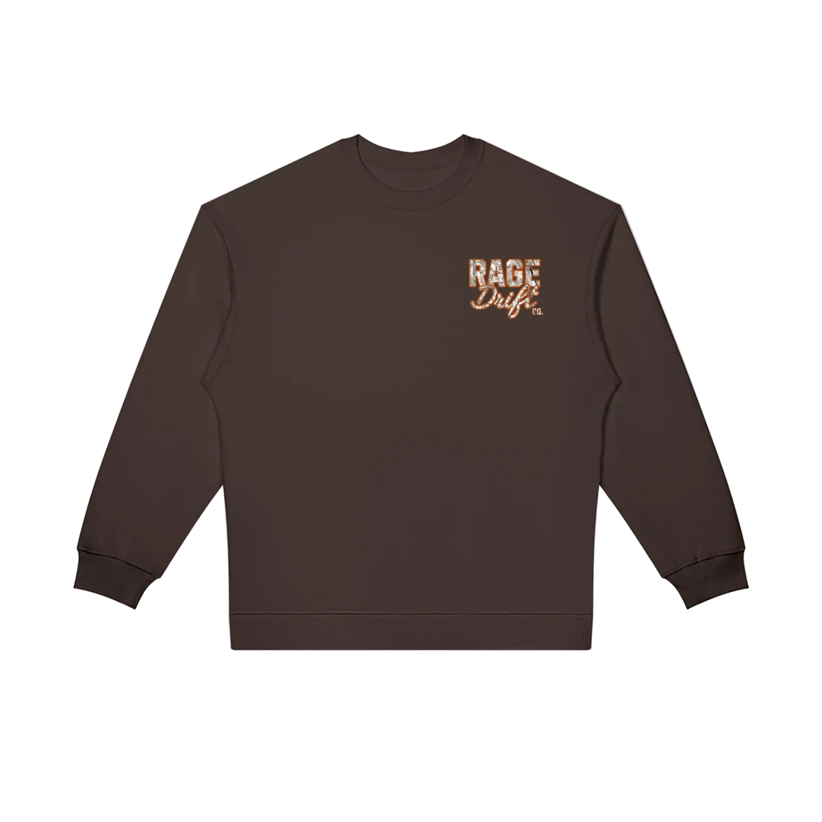 A dark brown crewneck sweatshirt with a small graphic on the left chest reading 'RAGE Daze' in a textured tan and orange font, displayed on a solid white background.