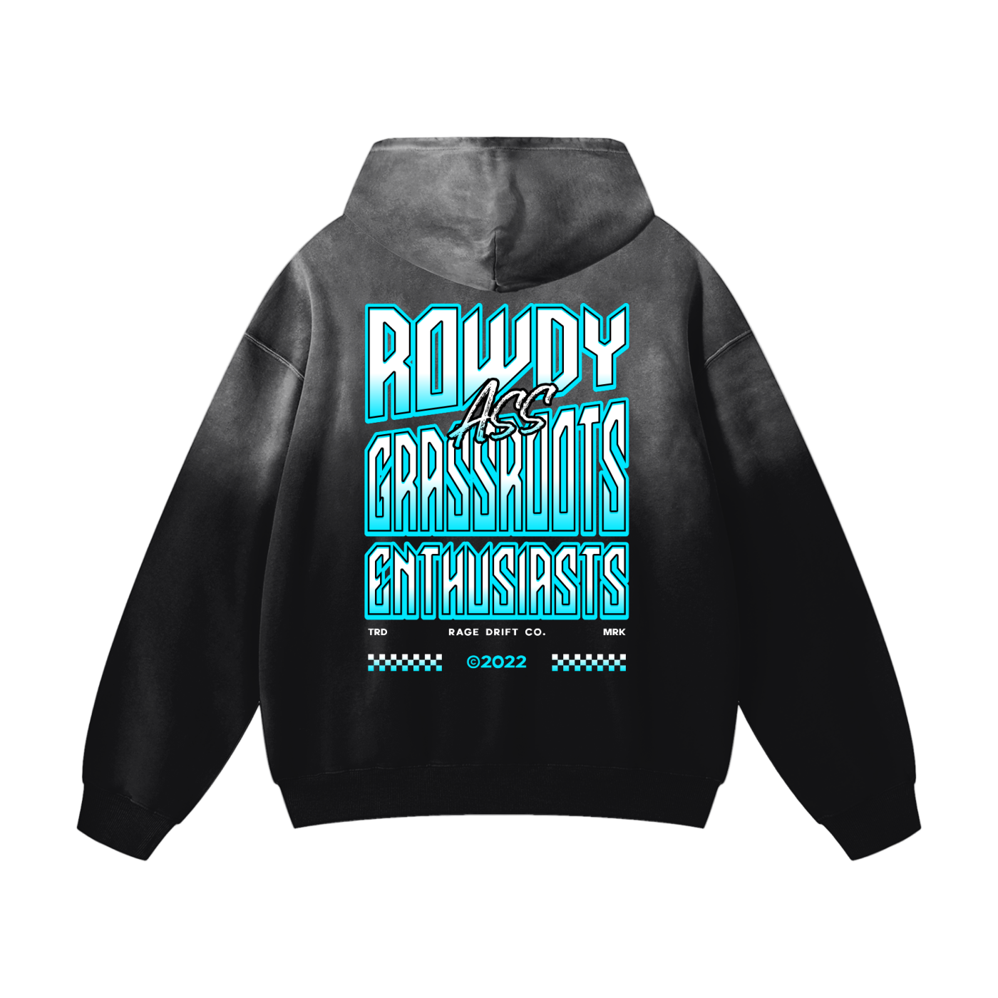Black hoodie with blue and white text on the back against a white background