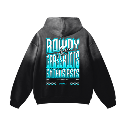 Black hoodie with blue and white text on the back against a white background