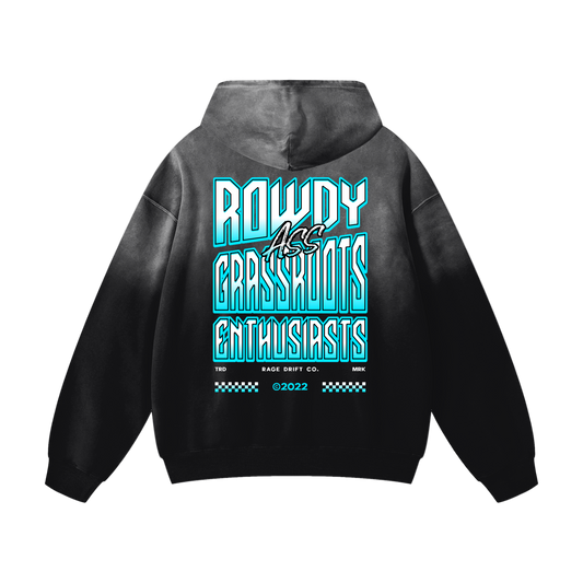 Black hoodie with blue and white text on the back against a white background