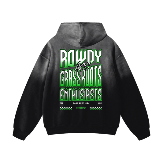 Black hoodie with green and white text on the back against a white background