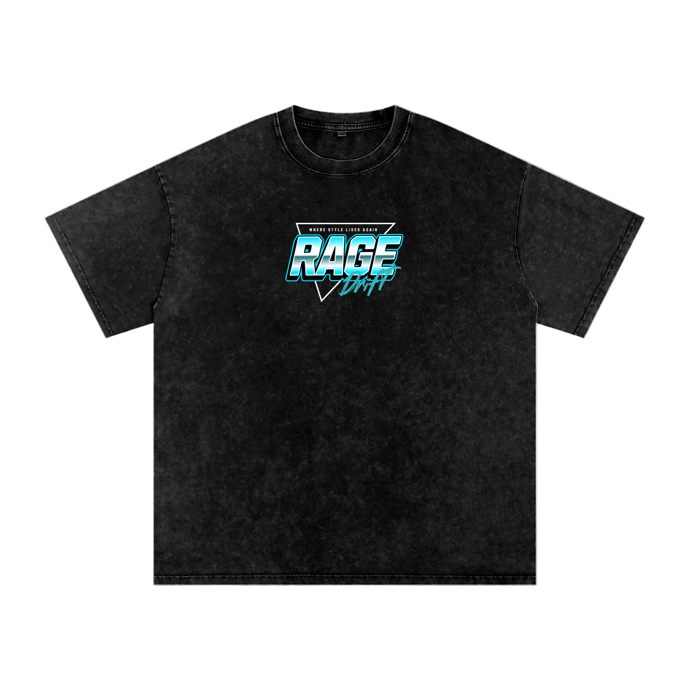 Black t-shirt with 'RAGE' logo on a white background