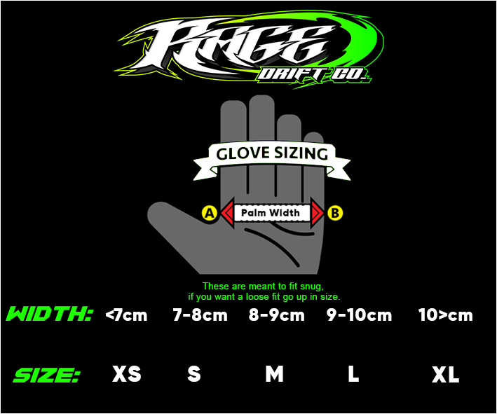 Glove sizing chart with Rage Drift Co logo on a black background