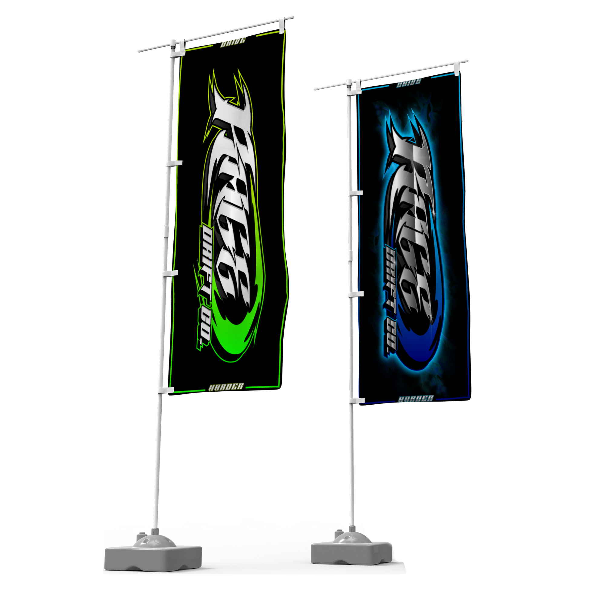 Two freestanding vertical banners on metal flagpoles with weighted bases, shown on a white studio background. The left banner is black with a bright green and white flame-style logo reading 'RUSH! RUN FAST!'.