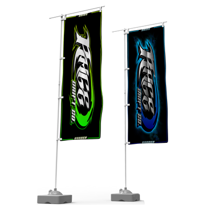 Two freestanding vertical banners on metal flagpoles with weighted bases, shown on a white studio background. The left banner is black with a bright green and white flame-style logo reading 'RUSH! RUN FAST!'.