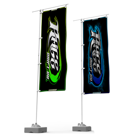Two freestanding vertical banners on metal flagpoles with weighted bases, shown on a white studio background. The left banner is black with a bright green and white flame-style logo reading 'RUSH! RUN FAST!'.