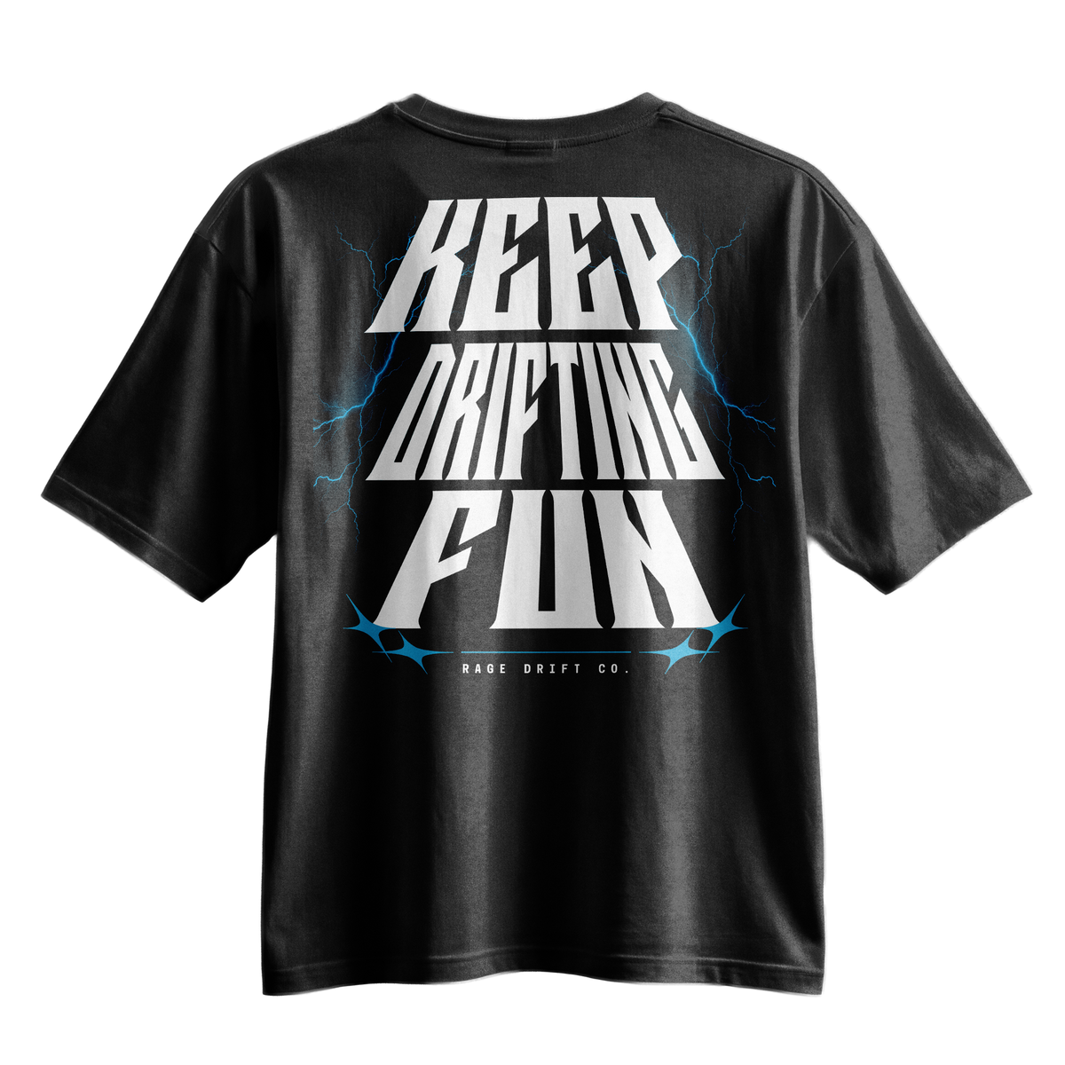 A black short-sleeve t-shirt with a large graphic on the back featuring the words 'KEEP DRIFTING FUN' in bold white letters with blue lightning accents, and 'RACE DRIFT CO.' printed below.