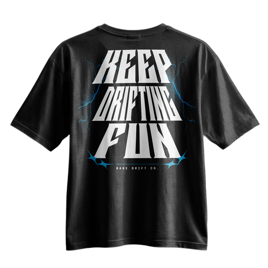 A black short-sleeve t-shirt with a large graphic on the back featuring the words 'KEEP DRIFTING FUN' in bold white letters with blue lightning accents, and 'RACE DRIFT CO.' printed below.