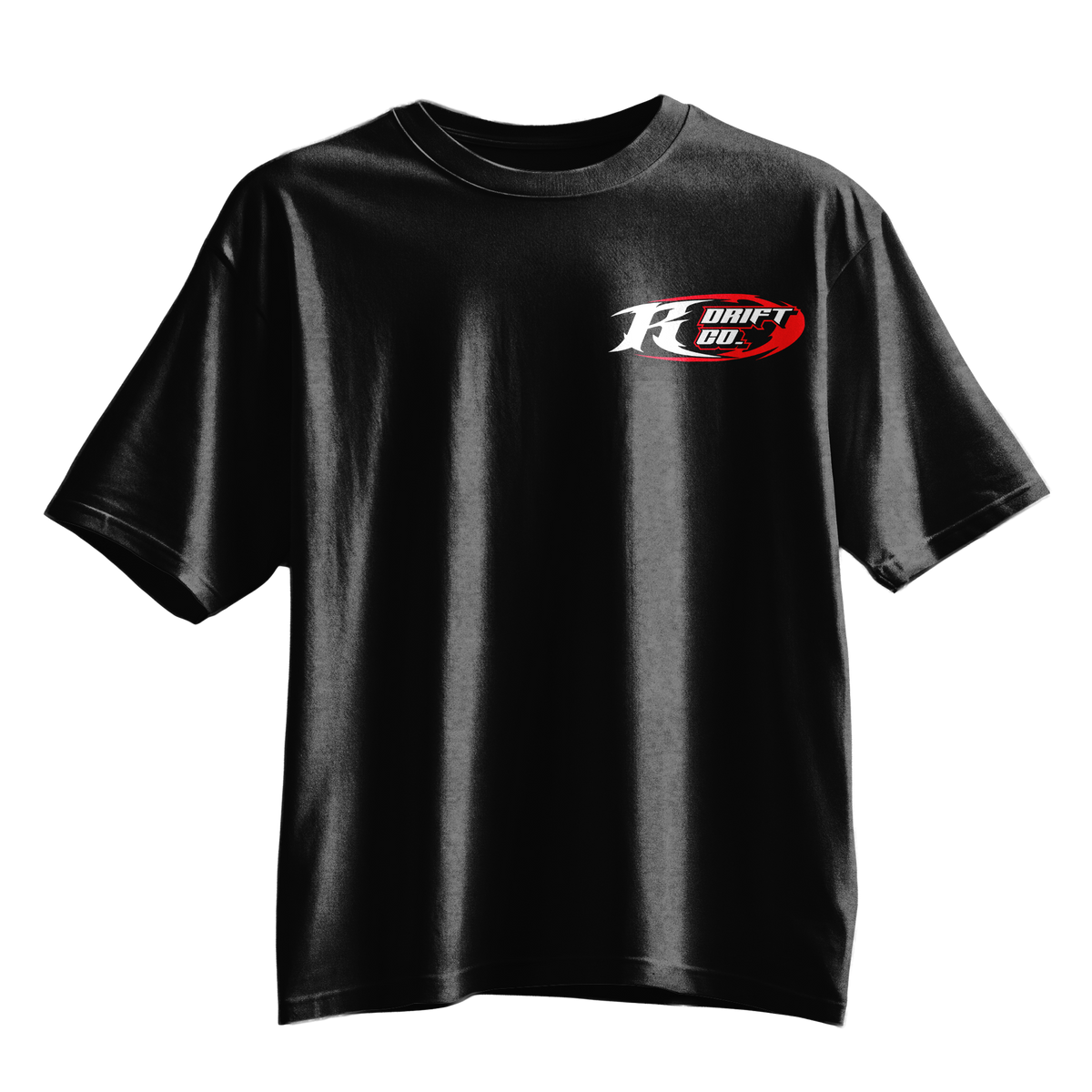 A black short-sleeve crewneck t-shirt featuring a 'Kraft Drift Co.' logo printed on the left chest in white and red, displayed against a solid white background.