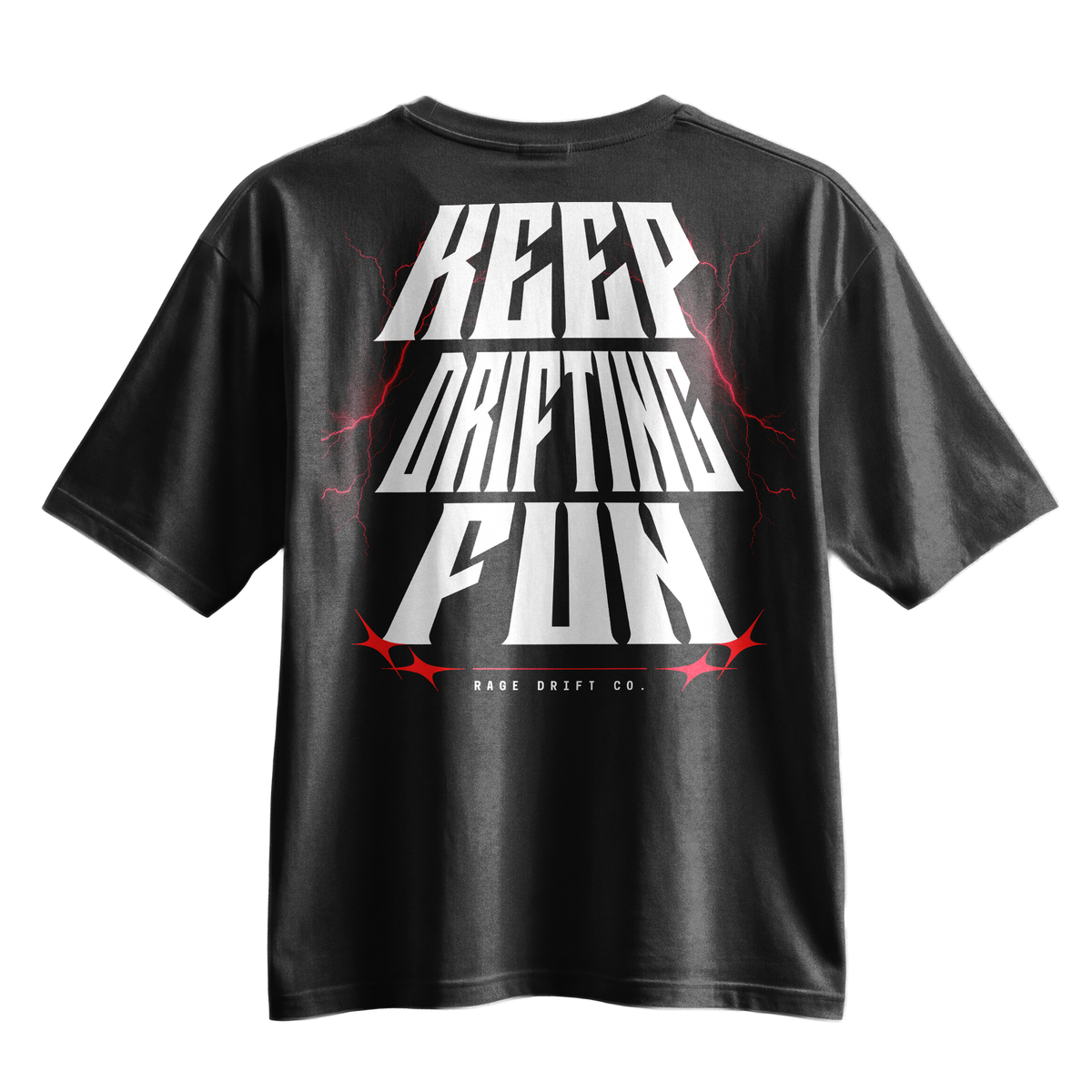 A black short-sleeve t-shirt with a large graphic on the back reading 'KEEP DRIFTING FUN' in bold white letters, accented with red lightning bolts and stars, and 'RACE DRIFT CO.' printed below.