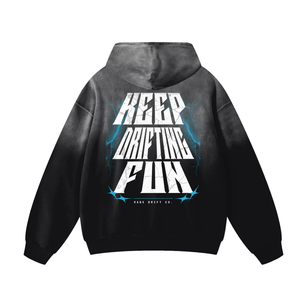 A black and gray gradient hoodie shown from the back, featuring a large graphic print with the words 'KEEP DRIFTING FUN' in white and blue lightning accents. The brand 'DRIFT DRIFT CO.