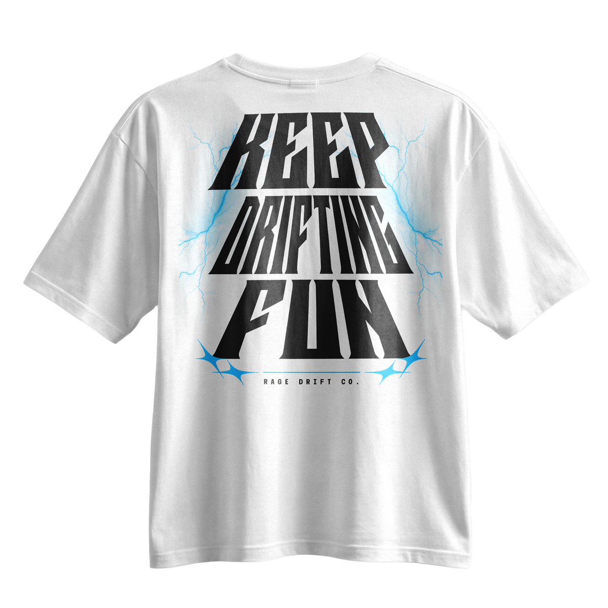 A white short-sleeve t-shirt with a bold graphic on the back reading 'KEEP DRIFTING FUN' in black stylized lettering, accented with red lightning bolts and the text 'MADE DRIFT CO.' underneath.