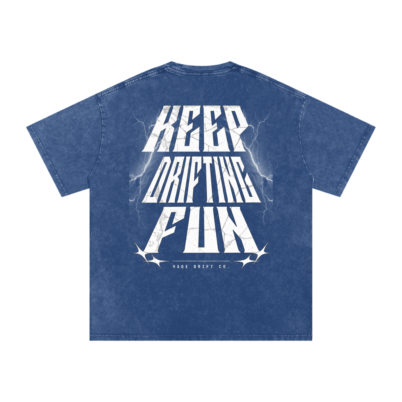 Blue t-shirt with white text 'KEEP DRIFTING FUN' on a white background