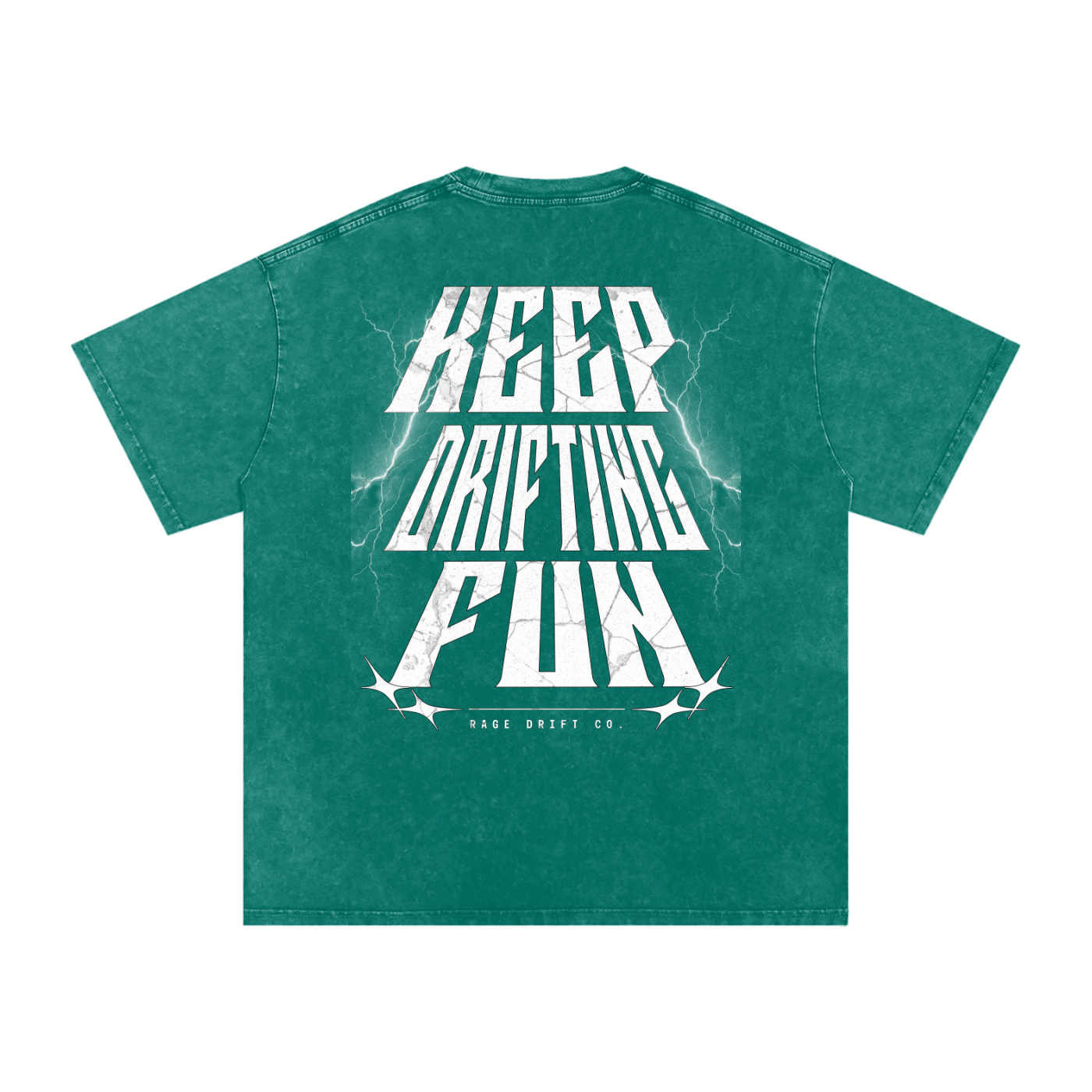 Green t-shirt with white text 'KEEP DRIFTING FUN' on a white background