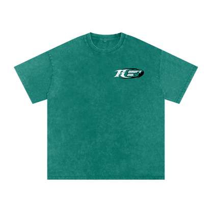 Green t-shirt with a logo on the chest against a white background