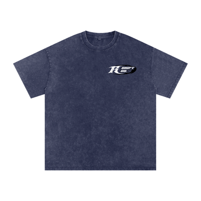 Navy blue t-shirt with a logo on the chest against a white background