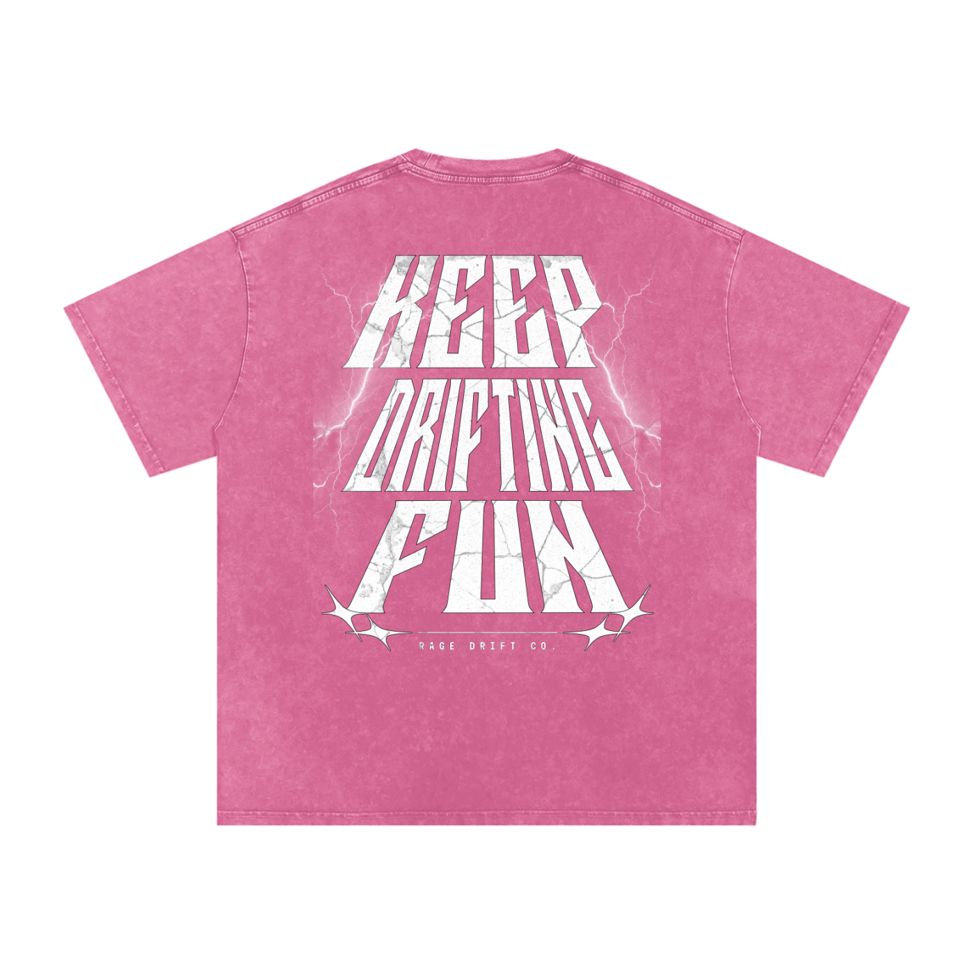 Pink t-shirt with white text on the back on a white background