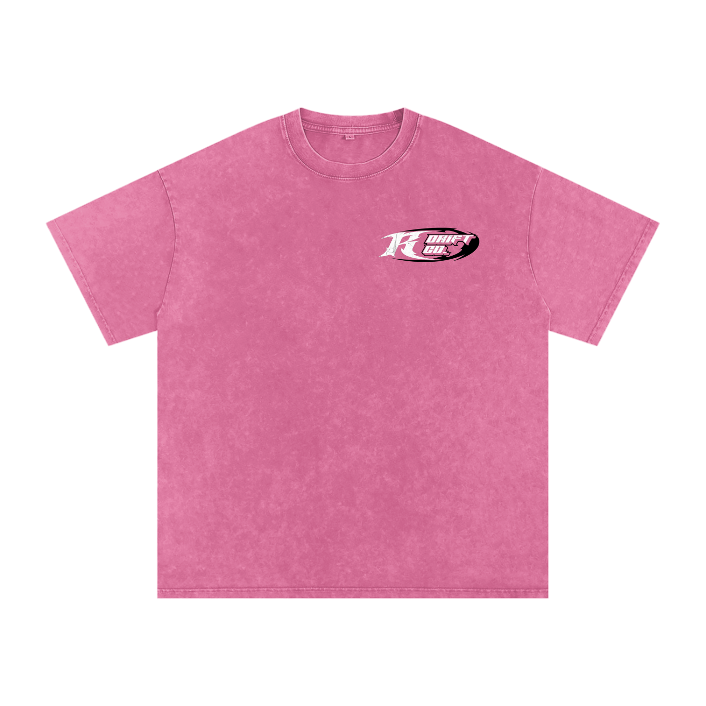Pink t-shirt with a logo on the chest against a white background