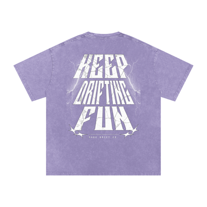 Purple t-shirt with white text on a white background