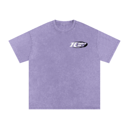 Purple t-shirt with a logo on the chest against a white background