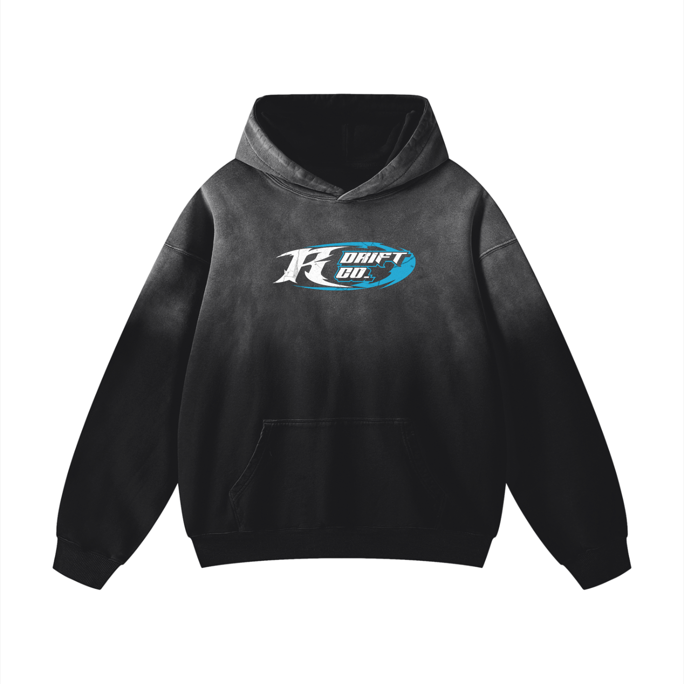 Black hoodie with a logo on the chest against a white background