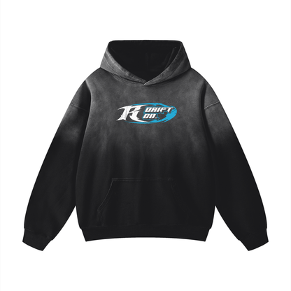 Black hoodie with a logo on the chest against a white background