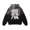 Black hoodie with white and red text on the back against a white background