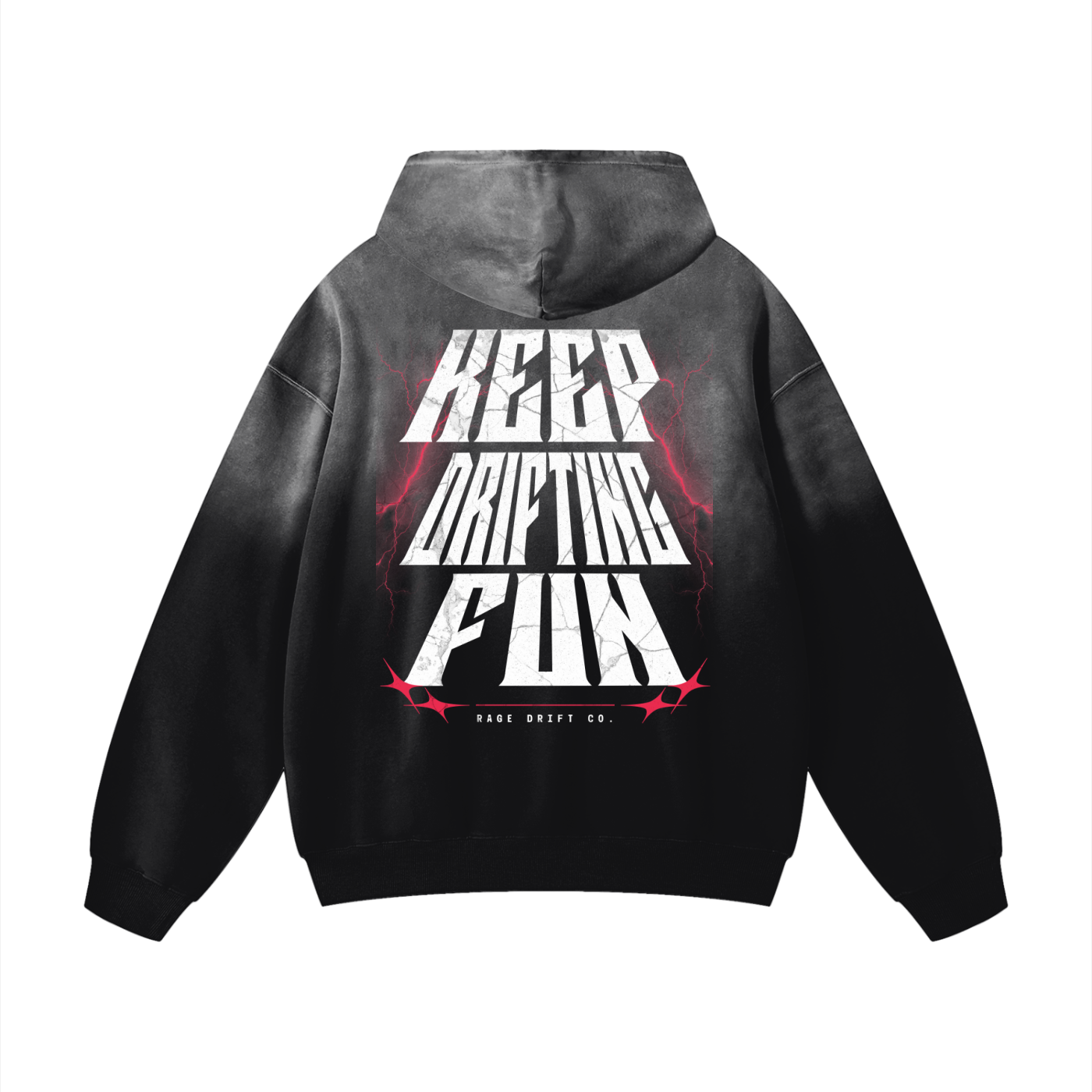 Black hoodie with white and red text on the back against a white background