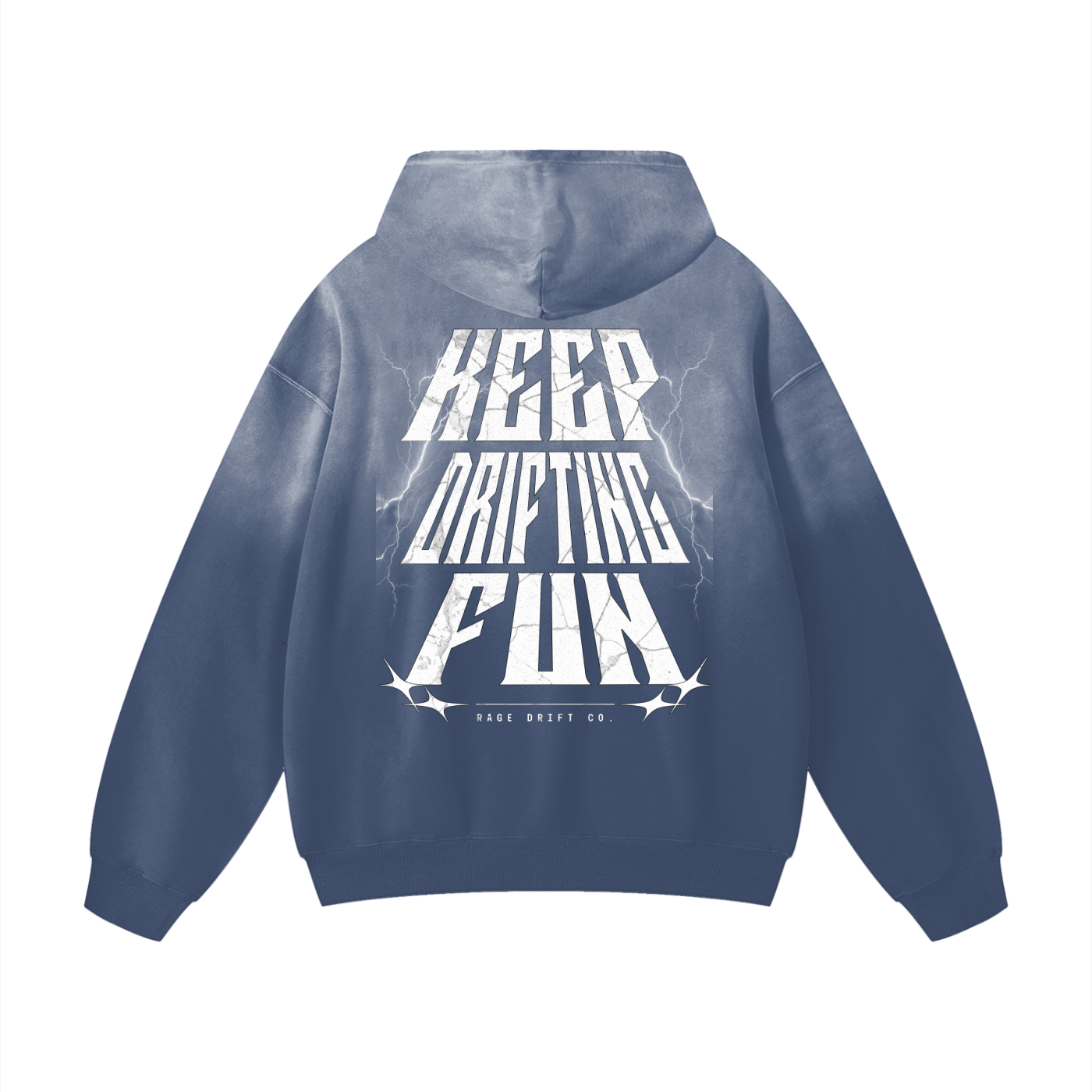 Blue hoodie with white text on the back on a white background