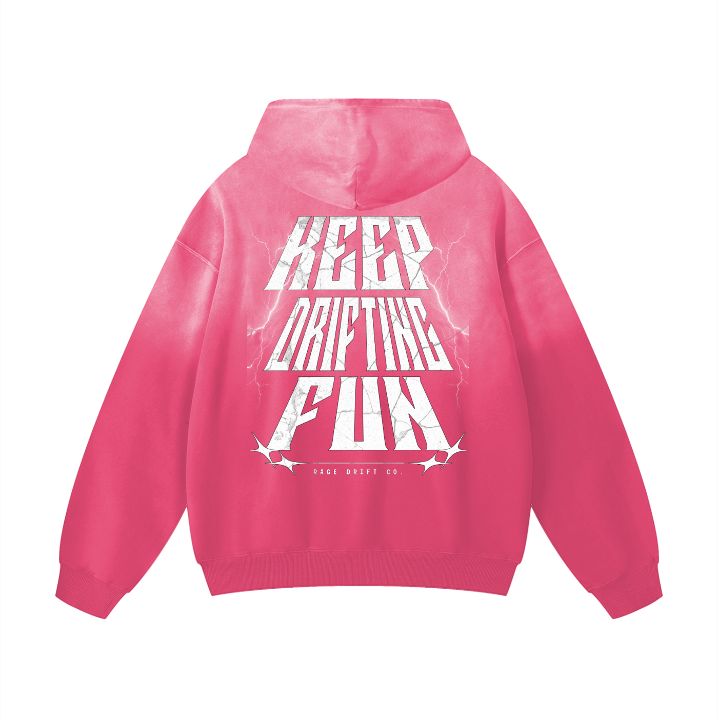 Pink hoodie with white text on the back against a white background