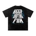 Black t-shirt with white text 'KEEP DRIFTING FUN' and blue graphics on a white background