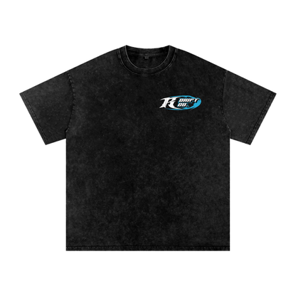 Black t-shirt with a logo on the chest against a white background