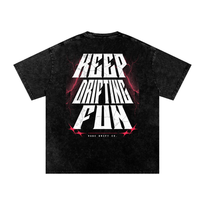 Black t-shirt with white text 'Keep Drifting Fun' on a white background