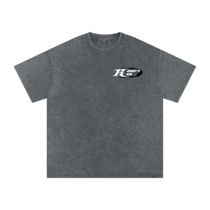 Gray t-shirt with a logo on the chest against a white background