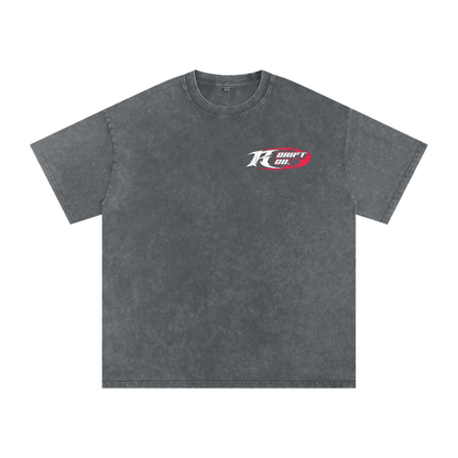 Gray t-shirt with a logo on the chest against a white background